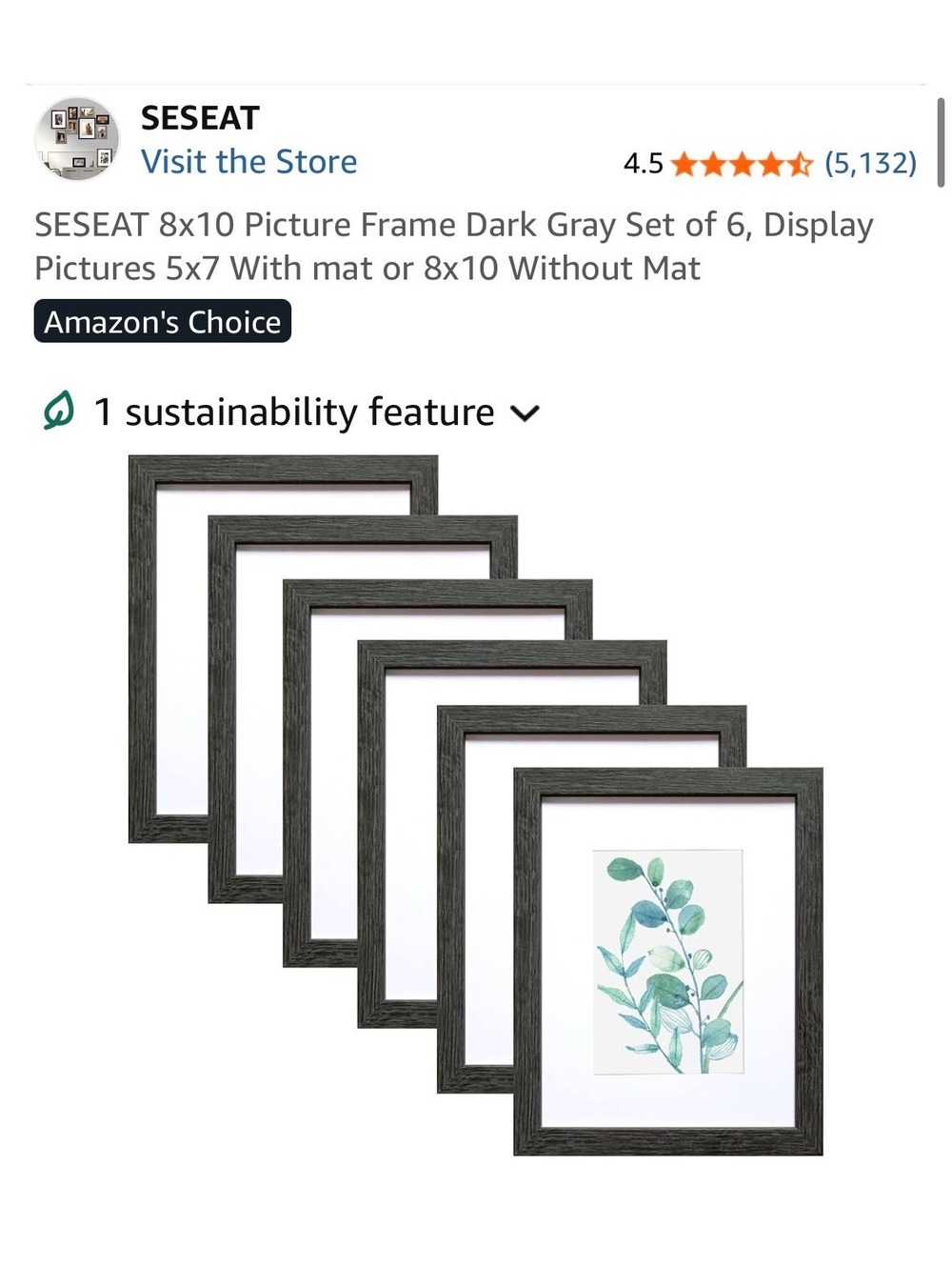 SESEAT 8x10 Dark Gray Picture Frame Set of 6 for 5x7 or 8x10 Photos